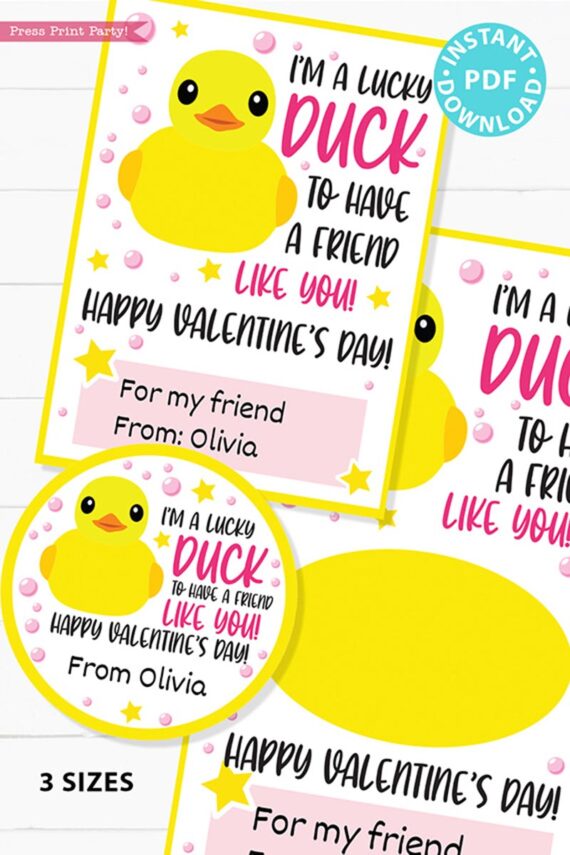 I'm a Lucky Duck to Have a Friend Like You Kids Valentine Card Printable, Pink, Gift Tag, School Classroom, Rubber Duck, INSTANT DOWNLOAD