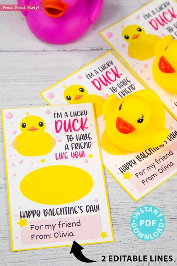 I'm a Lucky Duck to Have a Friend Like You Kids Valentine Card Printable, Pink, Gift Tag, School Classroom, Rubber Duck, INSTANT DOWNLOAD