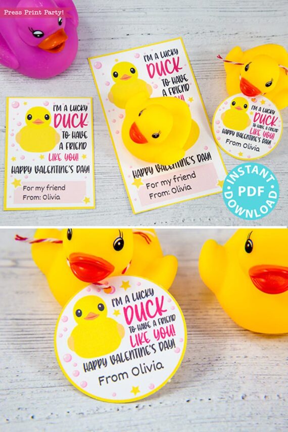 I'm a Lucky Duck to Have a Friend Like You Kids Valentine Card Printable, Pink, Gift Tag, School Classroom, Rubber Duck, INSTANT DOWNLOAD