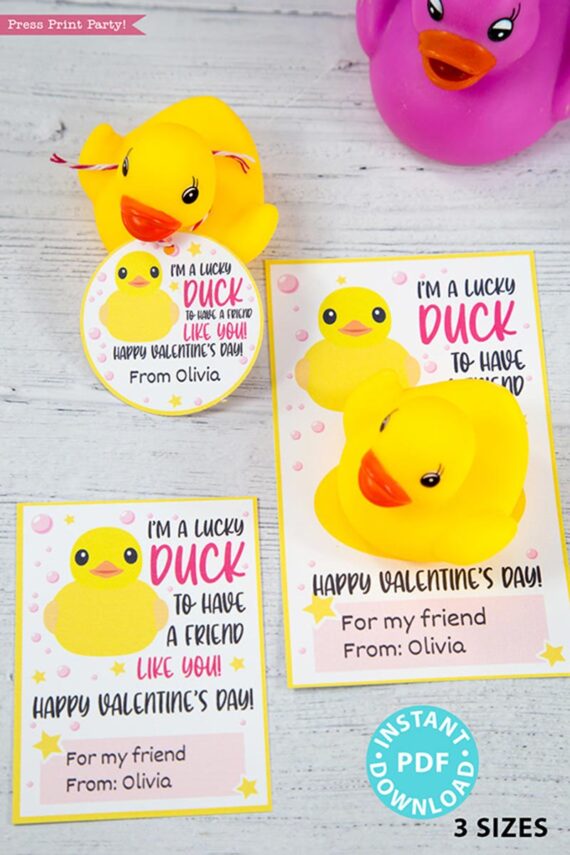 I'm a Lucky Duck to Have a Friend Like You Kids Valentine Card Printable, Pink, Gift Tag, School Classroom, Rubber Duck, INSTANT DOWNLOAD