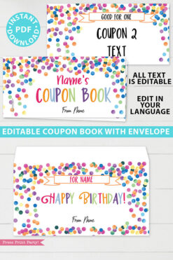 Birthday Coupon Books Printables homemade editable customizable confetti - blank coupon book for kids, boyfriend, girlfriend, ideas. Press Print Party!