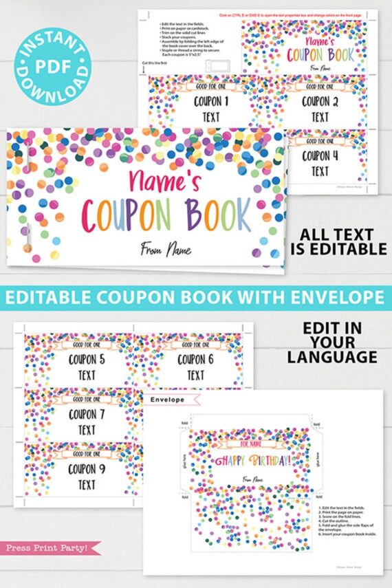 Birthday Coupon Books Printables homemade editable customizable confetti - blank coupon book for kids, boyfriend, girlfriend, ideas. Press Print Party!