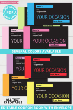 all 8 colors of the minimalist coupon books blank printable. green, blue, pink, light pink, purple, red, orange, yellow Press Print Party!