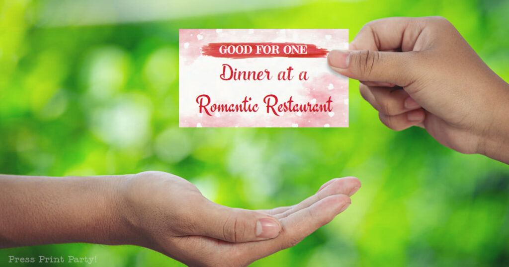 goof for one dinner at a romantic restaurant. couples love coupons printable. hand giving a coupon. Press Print Party!