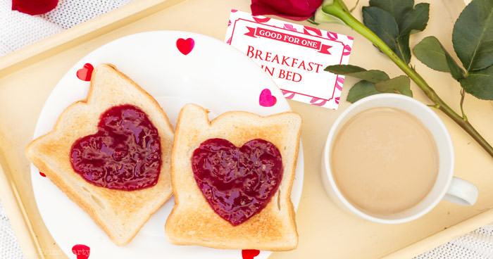 breakfast in bed coupon just for her. toast with jam with hearts and a red rose press print party