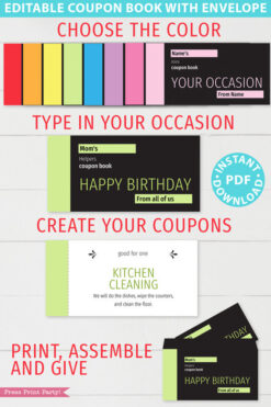 minimalist blank coupon book. choose the color, type in your occasion, create your coupons, print assemble and give. Press Print Party!