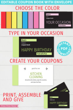 minimalist blank coupon book. choose the color, type in your occasion, create your coupons, print assemble and give. Press Print Party!