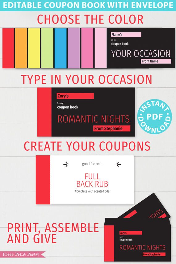minimalist blank coupon book. choose the color, type in your occasion, create your coupons, print assemble and give. Press Print Party!