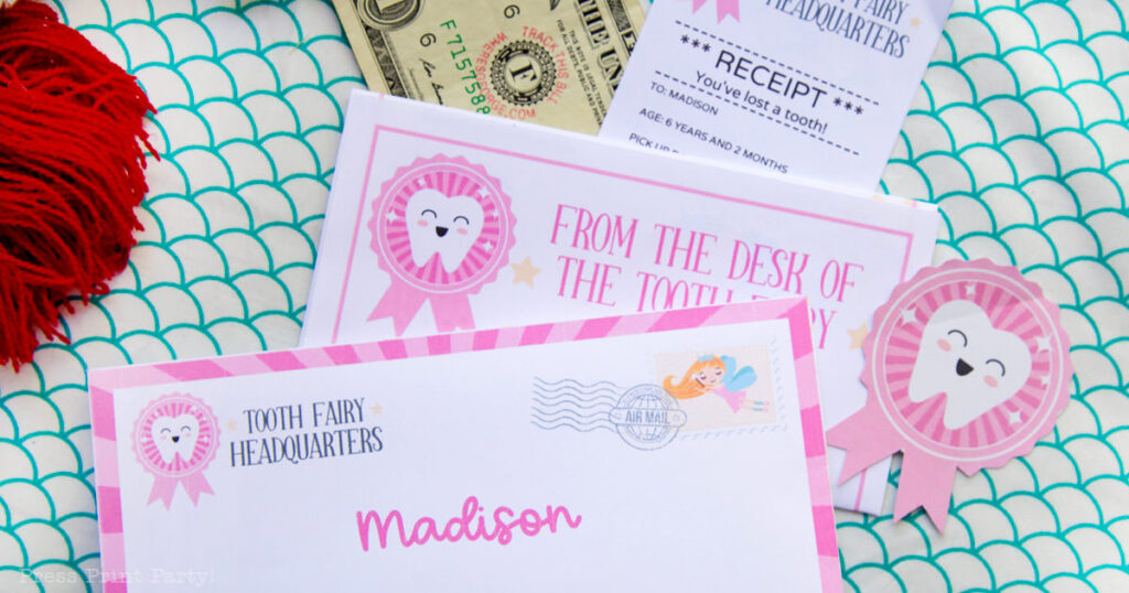 letters from the tooth fairy ideas and templates. tooth fairy letter with receipt, sticker and money. Press Print Party!