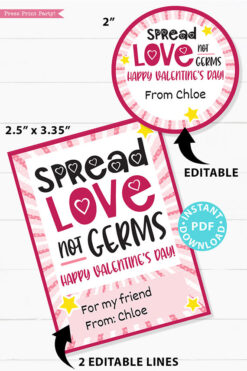 Kids Valentine Card Printable, Spread Love Not Germs Gift Tag For Friend, School, Teacher Valentine, Hand Sanitizer INSTANT Digital DOWNLOAD