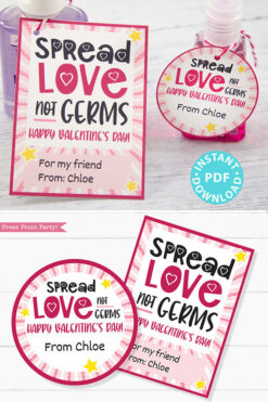 Kids Valentine Card Printable, Spread Love Not Germs Gift Tag For Friend, School, Teacher Valentine, Hand Sanitizer INSTANT Digital DOWNLOAD