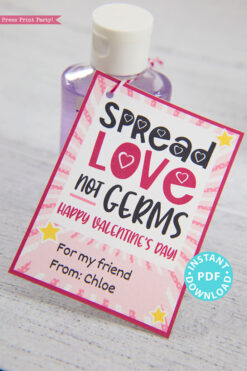 Kids Valentine Card Printable, Spread Love Not Germs Gift Tag For Friend, School, Teacher Valentine, Hand Sanitizer INSTANT Digital DOWNLOAD