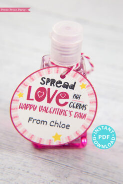 Kids Valentine Card Printable, Spread Love Not Germs Gift Tag For Friend, School, Teacher Valentine, Hand Sanitizer INSTANT Digital DOWNLOAD