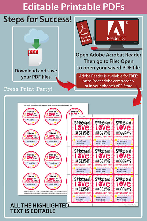Kids Valentine Card Printable, Spread Love Not Germs Gift Tag For Friend, School, Teacher Valentine, Hand Sanitizer INSTANT Digital DOWNLOAD