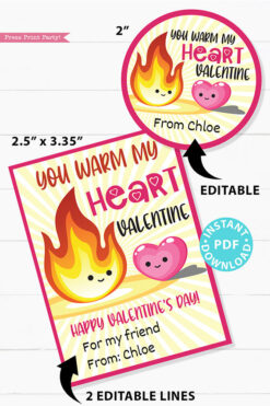 You Warm My Heart Kids Valentine Card Printable, Gift Tag For Friend, School, Conversation Hearts, Red Hots, INSTANT Digital DOWNLOAD