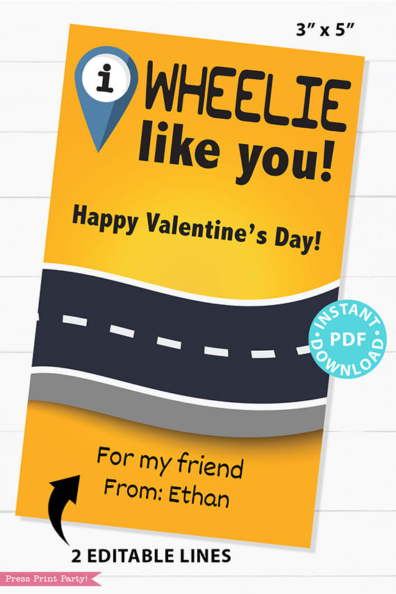 I Wheelie Like You Kids Valentine Card Printable, I Wheely Like You Gift Tag For Friend, School, Pull Back Cars, No Candy, INSTANT DOWNLOAD Press Print Party