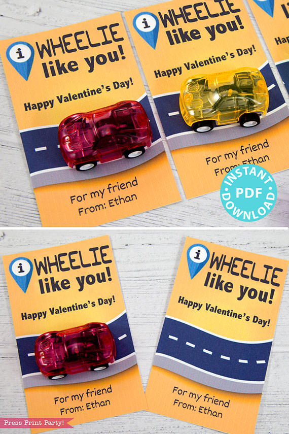 I Wheelie Like You Kids Valentine Card Printable, I Wheely Like You Gift Tag For Friend, School, Pull Back Cars, No Candy, INSTANT DOWNLOAD Press Print Party