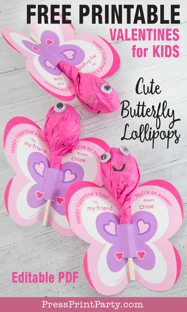 Cute free printable valentine's day cards for kids butterfly lollipops template printable to make for friends at school Press Print Party