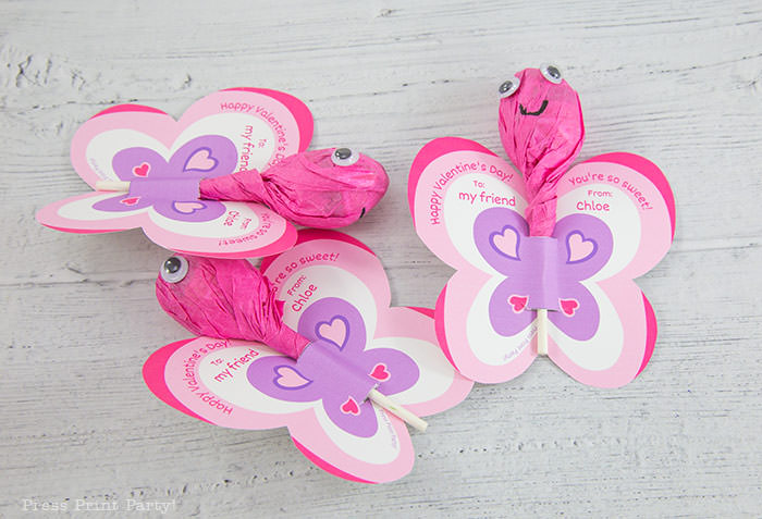 Cute free printable valentine's day cards for kids butterfly lollipops template printable to make for friends at school