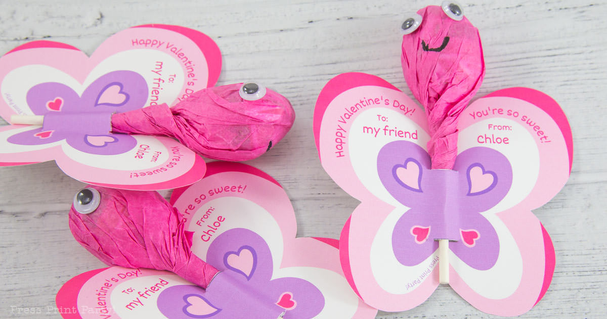 Cute free printable valentine's day cards for kids butterfly lollipops template printable to make for friends at school
