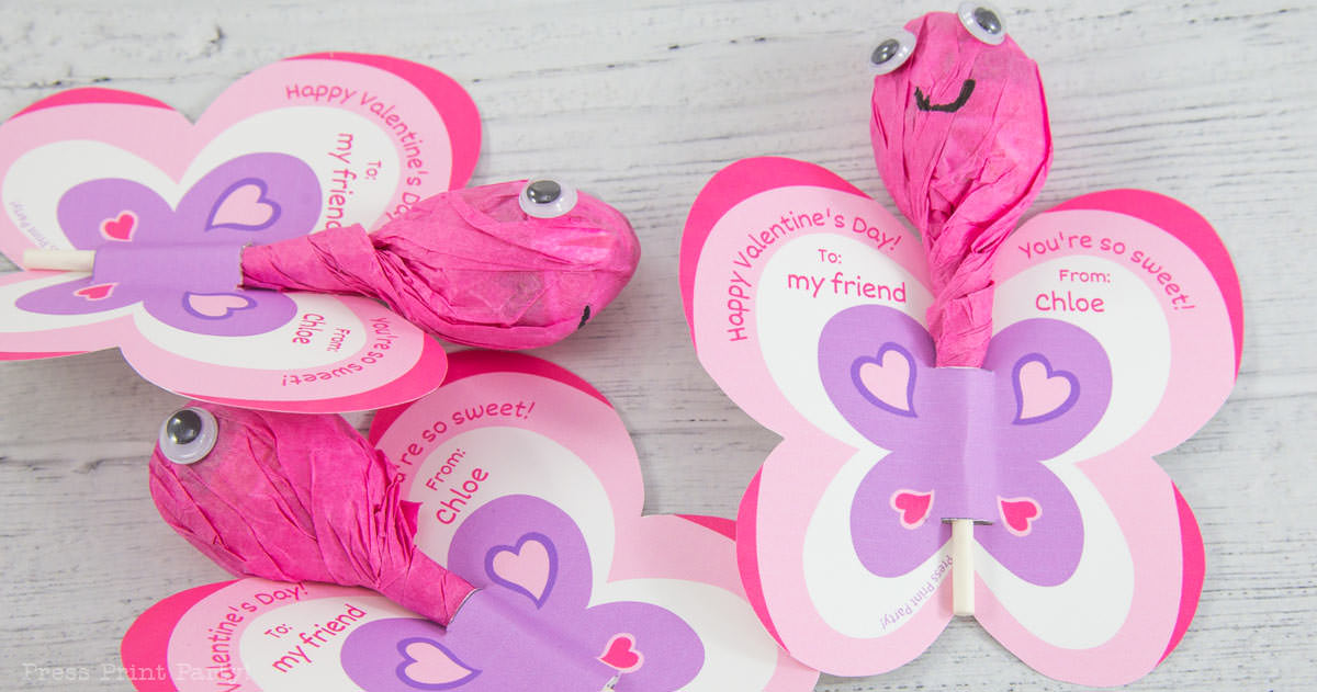 FREE Printable Valentine Cards Butterfly Lollipops Press Print Party 