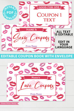 Sexy Love coupon book template blank for valentine's day - for wife, husband, boyfriend girlfriend. naughty coupons - kiss design - Press Print Party!