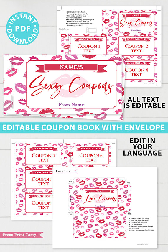 Sexy Love coupon book template blank for valentine's day - for wife, husband, boyfriend girlfriend. naughty coupons - kiss design - Press Print Party!