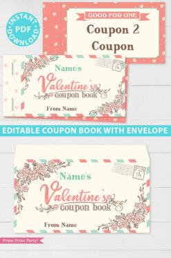 Valentine's day coupon book template blank - for wife, mom, girlfriend - rustic design - Press Print Party!