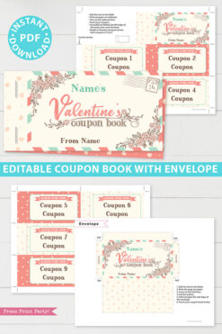 Valentine's day coupon book template blank - for wife, mom, girlfriend - rustic design - Press Print Party!