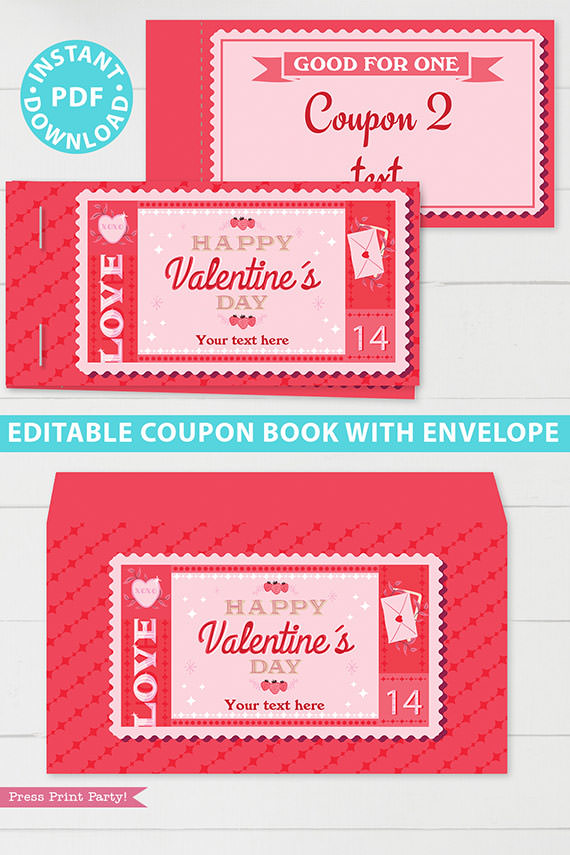 Valentine's day coupon book template blank - for wife, mom, girlfriend - old stamp rustic design - Press Print Party!