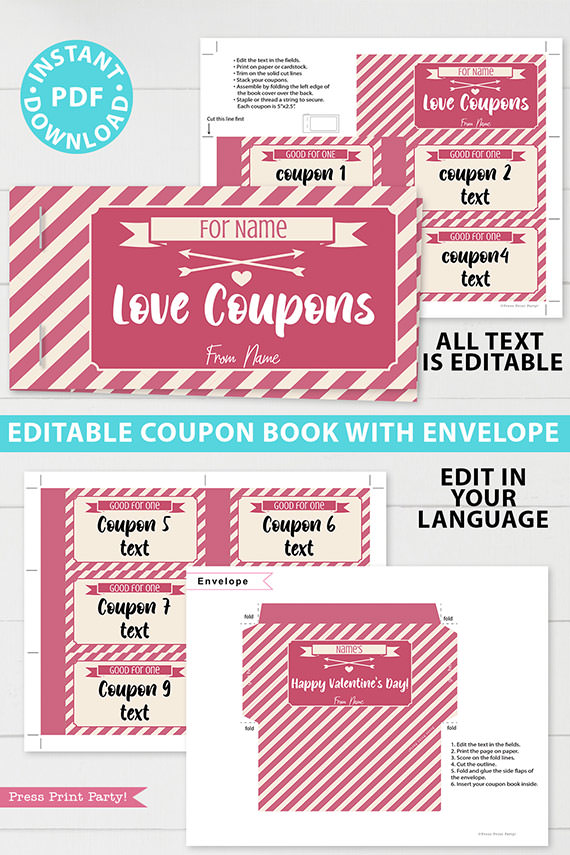 Sexy Love coupon book template blank for valentine's day - for wife, husband, boyfriend girlfriend. naughty coupons - striped design - Press Print Party!