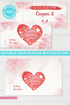 Valentine's day coupon book template blank - for wife, mom, girlfriend - watercolor heart design - Press Print Party!