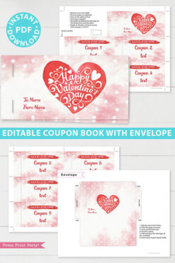 Valentine's day coupon book template blank - for wife, mom, girlfriend - watercolor heart design - Press Print Party!