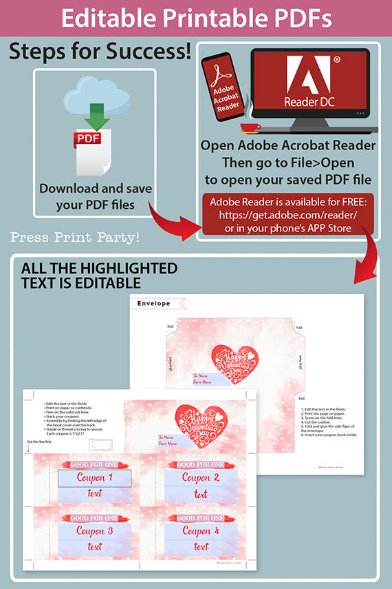 Valentine's day coupon book template blank - for wife, mom, girlfriend - watercolor heart design - Press Print Party!