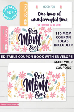 best mom ever mom coupon book template printale. editable with your own text. 110 mom coupon ideas included. with envelope sleeve. Press Print Party!