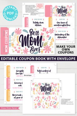 best mom ever mom coupon book template printale. editable with your own text. 110 mom coupon ideas included. with envelope sleeve. Press Print Party!