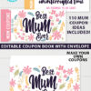 best mum ever mum coupon book template printale. editable with your own text. 110 mom coupon ideas included. with envelope sleeve. Press Print Party!