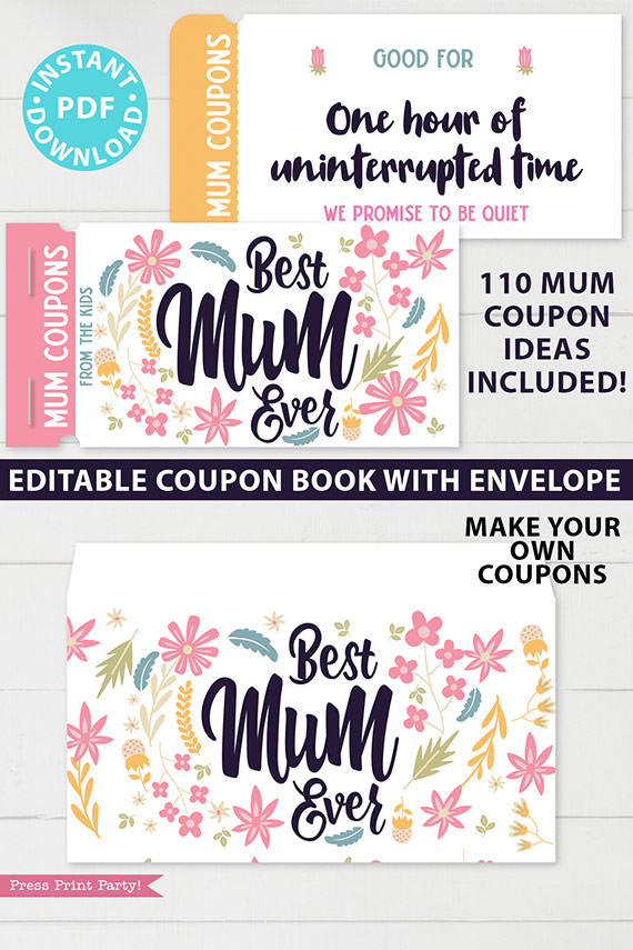 best mum ever mum coupon book template printale. editable with your own text. 110 mom coupon ideas included. with envelope sleeve. Press Print Party!