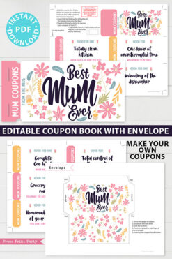 best mum ever mum coupon book template printale. editable with your own text. 110 mom coupon ideas included. with envelope sleeve. Press Print Party!