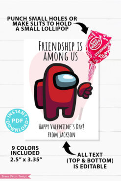 among us valentine card printable red astronaut with lollipop. Friendship is among us. Happy Valentine's day. 9 colors. all text is editable.