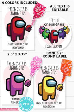 among us valentine card printable red astronaut with lollipop. Friendship is among us. Happy Valentine's day. 9 colors. all text is editable. bonus round 2" sticker.