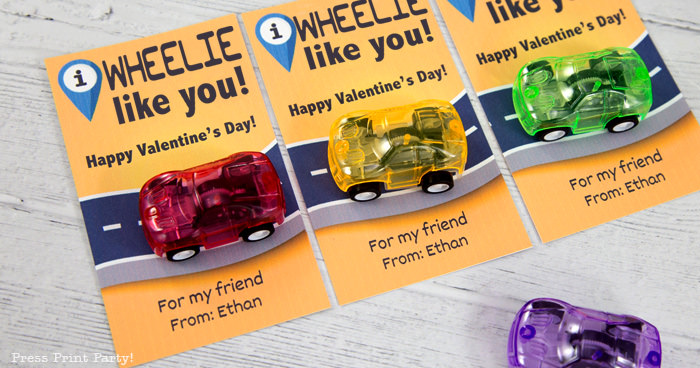 I wheelie like you valentine with pullback cars. creative valentines day kids cards for school press print party