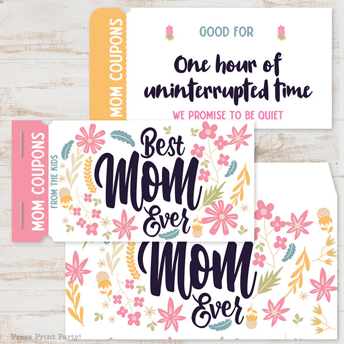 best mom ever mom coupon book template printale. editable with your own text. 110 mom coupon ideas included. with envelope sleeve. Press Print Party!