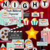 Movie party supplies printable decorations. invitation, banner, signs, cupcake toppers, popcorn box, thank you card. Teal Press Print Party!