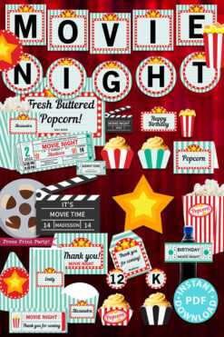 Movie party supplies printable decorations. invitation, banner, signs, cupcake toppers, popcorn box, thank you card. Teal Press Print Party!