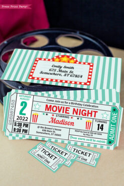 movie night invitation teal with envelope and tickeet stub editable - Press Print Party!
