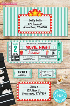 movie night invitation teal with envelope and tickeet stub editable - Press Print Party!