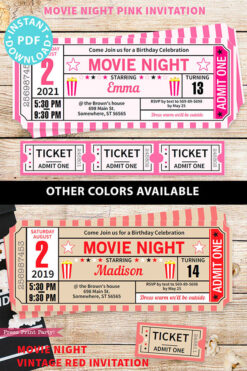 movie night invitations in pink and red with ticket stubs - Press Print Party!