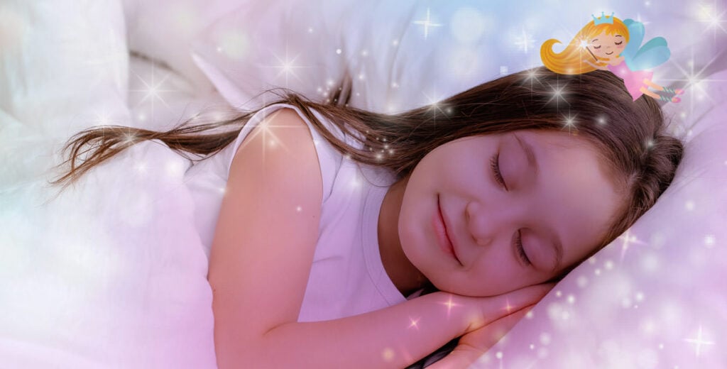 tooth fairy sleeping girl with hands on pillow