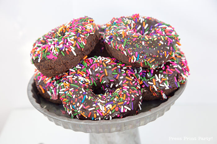 donut party ideas. donut on cake stand chocolate Press Print Party